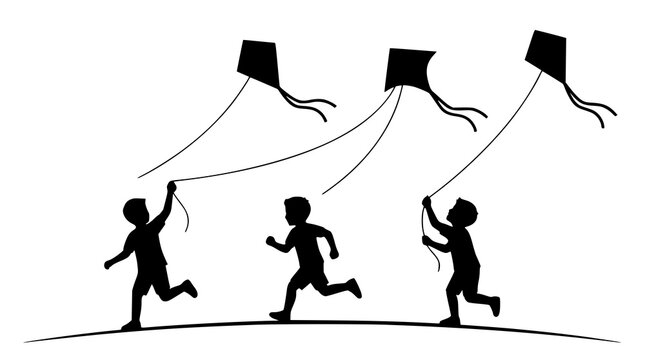 Minimal black silhouette children running with kites vector illustration for education and marketing