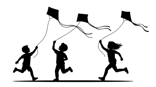 Three children playing with kites black silhouette vector illustration on white background