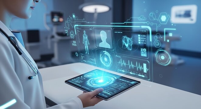 Futuristic Doctor Analyzing Digital Health Data on Tablet in Clinical Lab