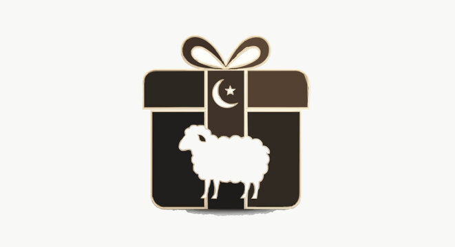 Elegant vector graphic of a gift box, sheep, and crescent moon and star, symbolizing holiday blessings and giving, perfect for seasonal greetings and cultural celebrations