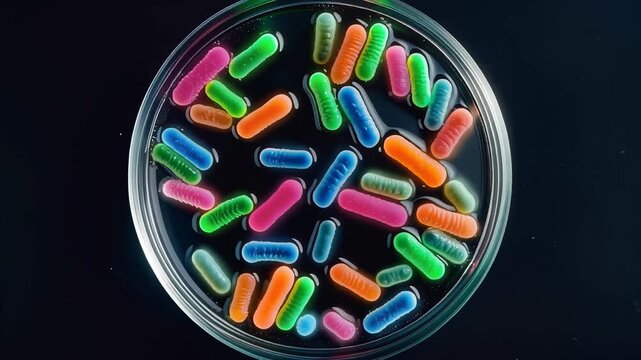 Vibrant, colorful microscopic bacteria culture in petri dish with fluid dynamic movement, macro shot, representing scientific research, disease, and biology, symbolizing discovery and health