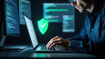 Fototapeta premium Cybersecurity protection concept with secure shield icon over laptop and source code. Data security, encryption, privacy protection and network defense for safe digital technology and IT systems.