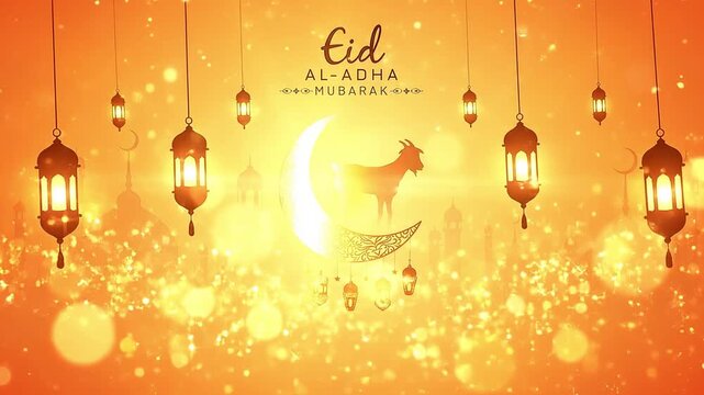 Eid al-Adha Mubarak Animated Greeting &ndash; Golden Mosque Silhouette with Goat and Crescent Moon