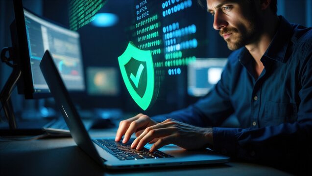 Cybersecurity protection concept with secure shield icon over laptop and source code. Data security, encryption, privacy protection and network defense for safe digital technology and IT systems.