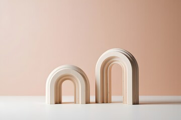 Fototapeta premium Two wooden rainbow arches on a white surface against a soft peach background wall