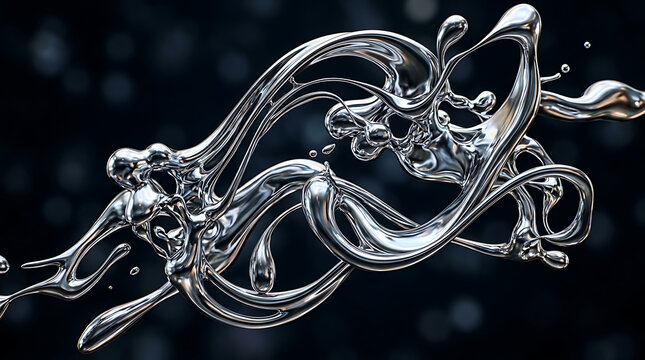 abstract liquid chrome metal swirls and droplets in dynamic motion isolated on transparent background