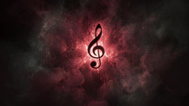 Glowing Musical Note Silhouette Surrounded by Vivid Cosmic Backdrop Featuring Swirling Clouds of Red and Black Hues