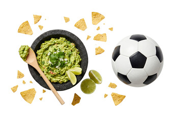 soccer ball and bowl of fresh guacamole with nachos