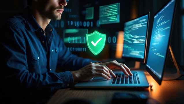 Cybersecurity protection concept with secure shield icon over laptop and source code. Data security, encryption, privacy protection and network defense for safe digital technology and IT systems.