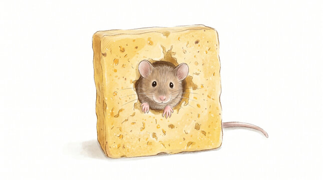 A cute small white furry rodent mouse is eating food and sitting inside a piece of cheese
