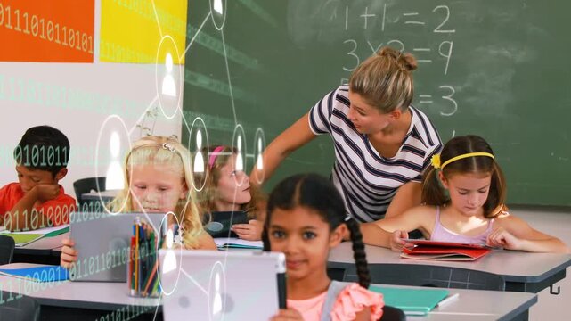 Teacher moving toward seated student while tablet use expanding digital overlay and helping math