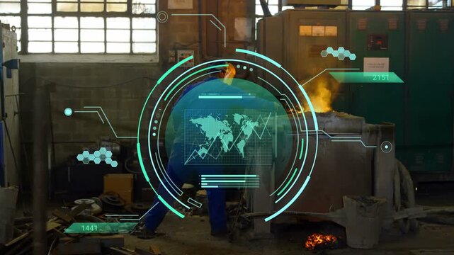 Furnace operator reacting to HUD appearing, walking to crucible while monitoring molten metal data