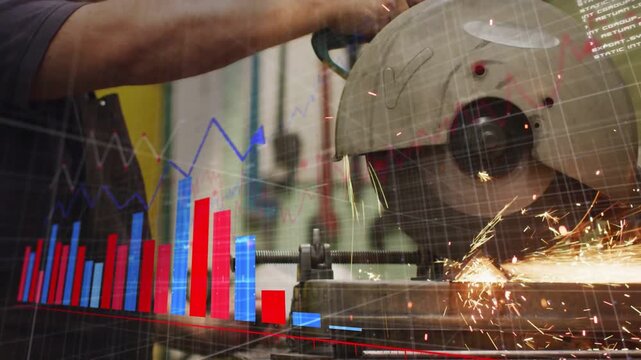Metalworker lowering saw blade hitting clamped metal, cutting, making sparks, red or blue bars risin