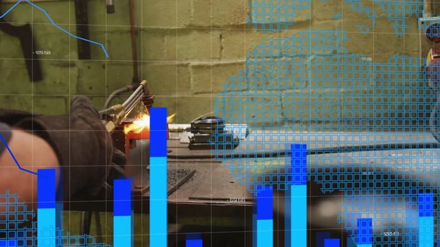 Metalworker applying torch, cutting at vise as charts, map and line expanding, monitoring output