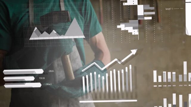 Worker holding tool and adjusting grip in construction, causing animated HUD shifting into charts