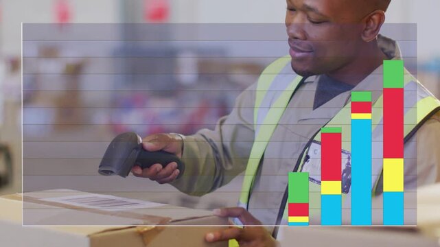Warehouse worker grabbing scanner and scanning boxes at pack table, chart shifting as scans update