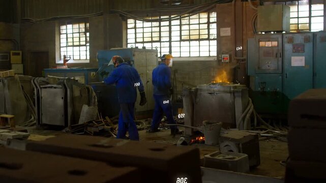 Foundry workers stirring molten metal from furnace glow, heatmap showing mold fill for casting