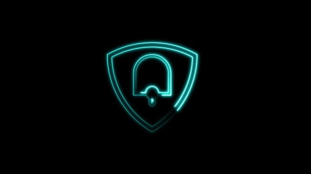 Security shield animation with neon blue light. Security shield digital data protection. Security shield cybersecurity technology graphic on black background for privacy.