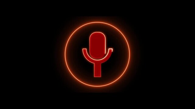Microphone icon animation with orange neon. Microphone icon digital sound broadcasting. Microphone icon audio recording technology graphic on black background.