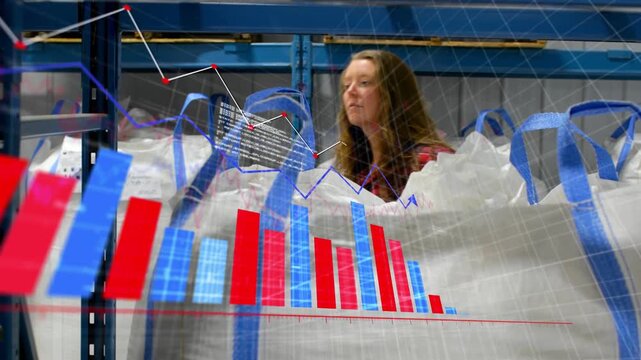 Female worker checking bag tag, holding tablet, reading and verifying stock while charts overlaying