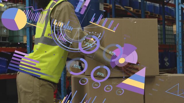 Warehouse picker nearing pallet lifting, stacking boxes as AR charts floating over hands for orders