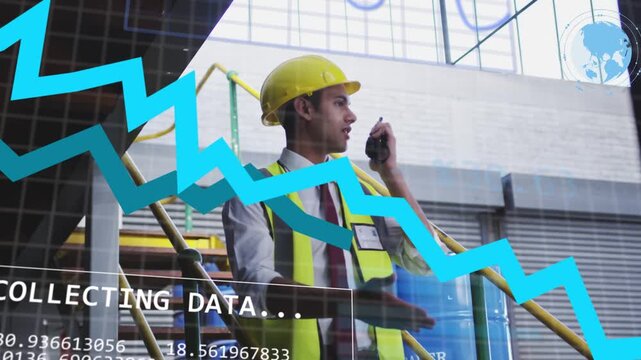 Engineer using radio and scanning plant COLLECTING DATA overlays initiating charts sliding over him