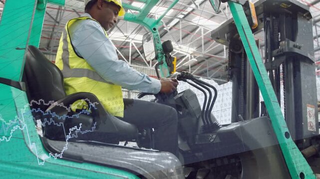 Warehouse operator walking to forklift checking cab sitting prepping levers while waveform showing