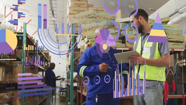 Lead tapping tablet, tech pointing shelves, data overlays highlighting boxes aiding warehouse count