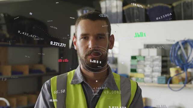 Shop worker crossing arms lowering while camera zooming activating HUD readouts for safety checks