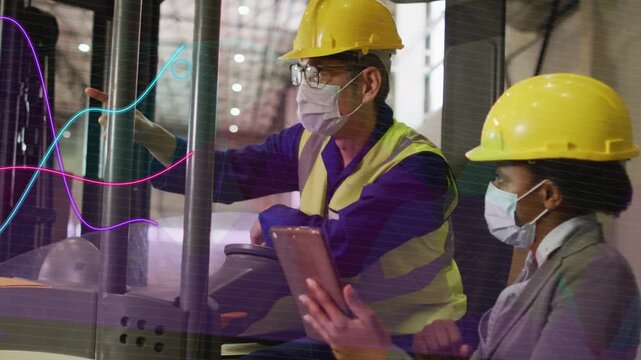 Forklift operator pointing controls, lead holding tablet, live overlay growing for warehouse safety
