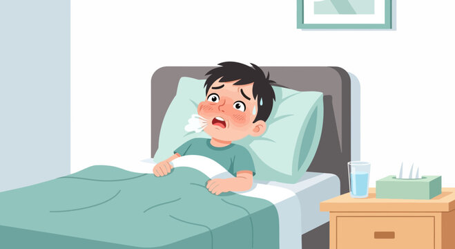 A Sick Child Experiences Cough and Fever While Resting In Bed At Home For Recovery