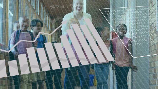 Camera showing students walking hall teacher guiding data overlays forming pie charts for education