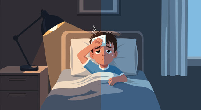 A Sick Child Experiences Discomfort While Resting In Bed During The Evening Or Night