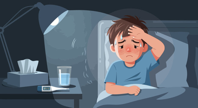 A Sick Child Experiences Discomfort While Resting In Bed During The Night And Fighting a Fever