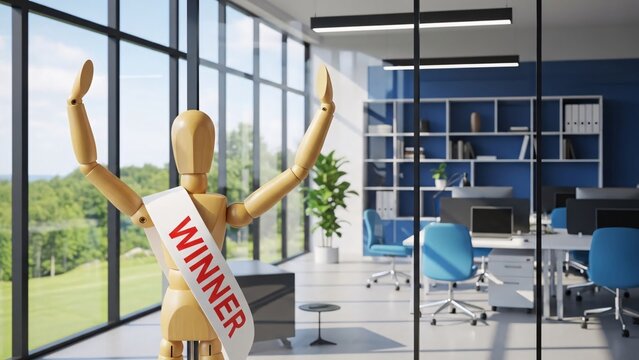 Businessman celebrating success in modern office with winning sash and raised arms bright sunlight streaming through large windows corporate workspace professional environment