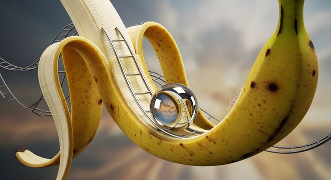 Creative concept featuring a shiny metal sphere rolling along a roller coaster track on banana peel.