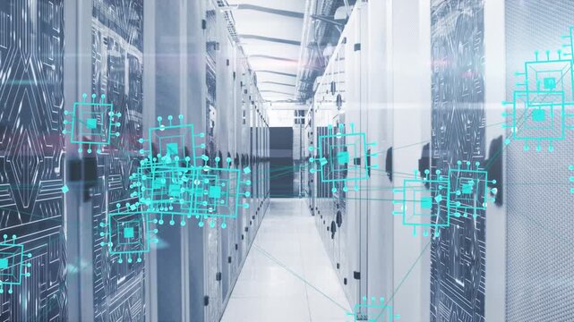 Server aisle turquoise nodes appearing drifting links animating camera zooming showing data flow