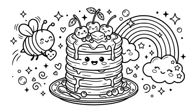 Funny Kawaii Pancake Stack Rainbow and Bee Coloring Book Vector Art