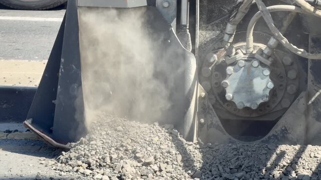Road saw blade cuts through asphalt pavement creating opening during urban road works and street repair operations. Industrial cutting machine footage suits road construction company, municipal works