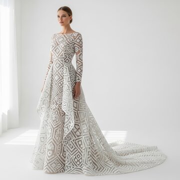 Geometric lace wedding dress, elegant bridal gown with long sleeves and train, modern white couture dress for high-end fashion editorial