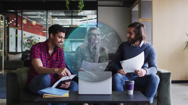 Men opening tablets and folders activating hologram above laptop, woman guiding business review