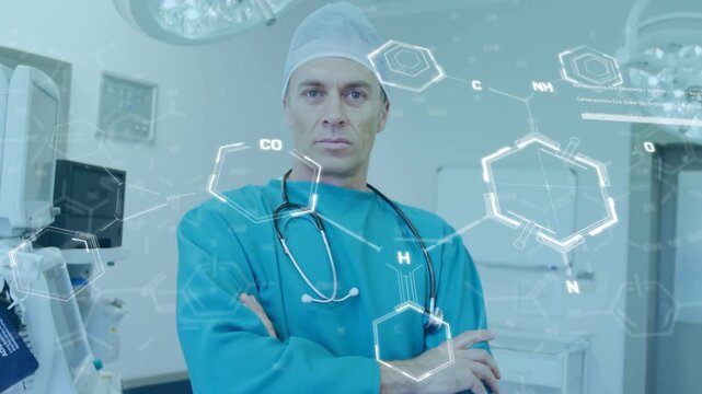 Camera panning right showing male surgeon wearing steth, layering around him, AR med HUD for prep