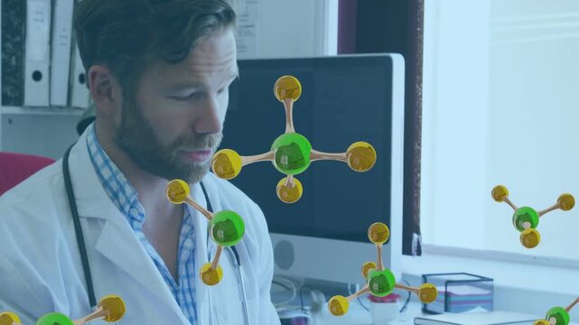 Doctor picking up 2nd tube, comparing caps and briefing patient, medical molecules overlaying frame