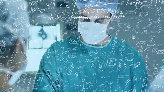 Male surgeon reacting to procedure cues while shifting gaze and directing team, formulas overlaying
