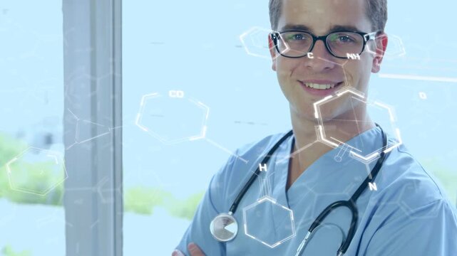 Camera panning doctor standing hexagons forming over chest, stethoscope showing showcasing medtech