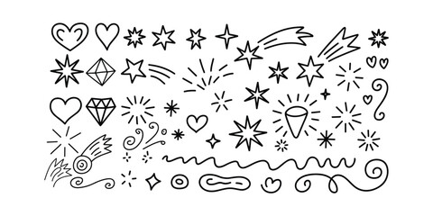 Black and white doodle stars hearts sparkles vector illustration isolated on white background. © Fahimaakter