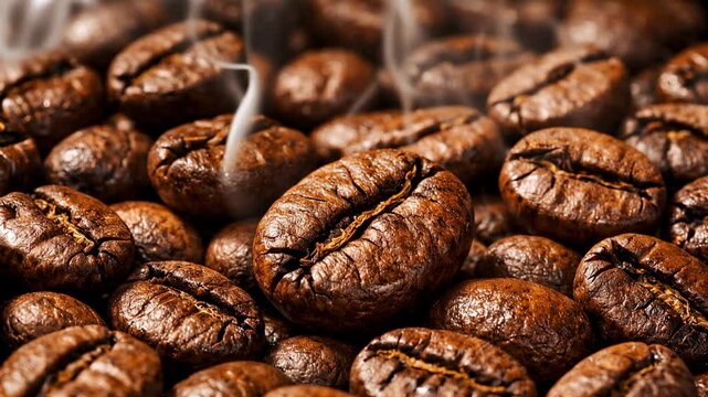 Roasted coffee beans with aromatic steam and rich brown texture for fresh caffeine beverage concept