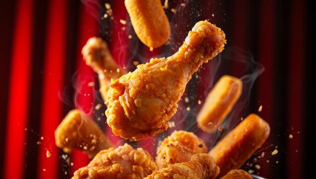 Flying fried chicken drumsticks with spices and steam on red background.