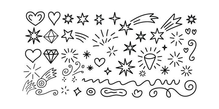 Black and white doodle stars hearts sparkles vector illustration isolated on white background.