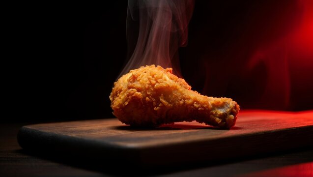 Flying fried chicken drumsticks with spices and steam on red background.